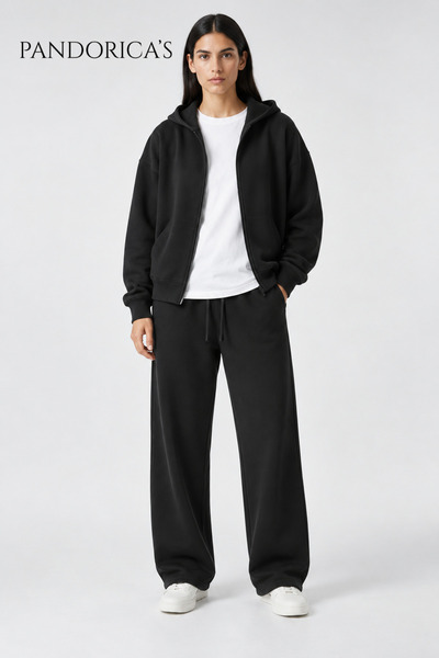PANDORICA Unisex Black Zippered Hooded Cardigan Baggy Tracksuit Set 100% Cotton 3 Yarns Seasonal/Winter