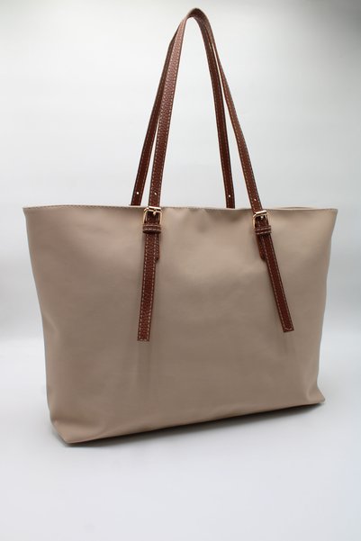 LASSO Women's Beige Tan Satin Canvas Mega Large Size Belt Strap Lined Handbag. Arm and Shoulder Bag