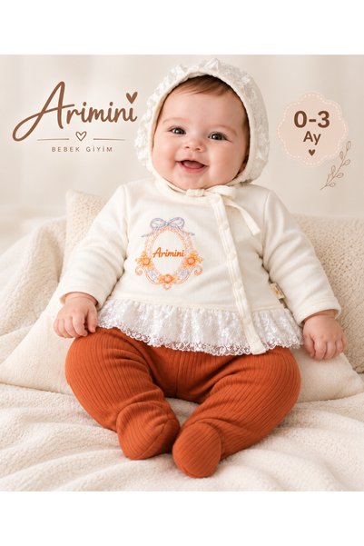 Arı Bebe Hospital Release Baby Girl Cinnamon Booties Pants Lace Cardigan Set 0-3 Months