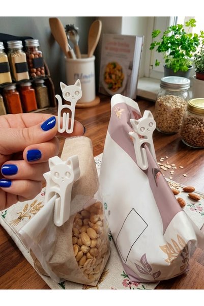 3'lü Kedi Figürlü Poşet Kapatıcı Mandal Clips - Sevimli Beyaz Paket Kapatıcı Klips Seti