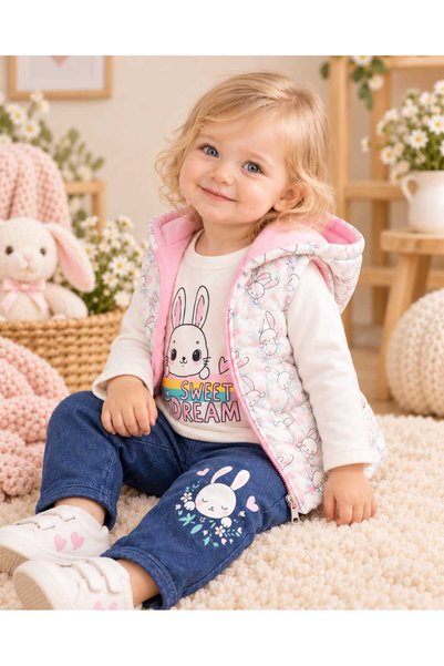 krm kerem bebe Baby Girl Hooded Rabbit Ears Puffy Vest 3-Piece Set with Long Sleeve T-Shirt and Pants