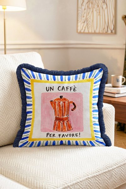 IdeCraft غطاء وسادة مزخرف بنمط القهوة من Un Caffè Per Favore Caffè Napoli مع شراشيب