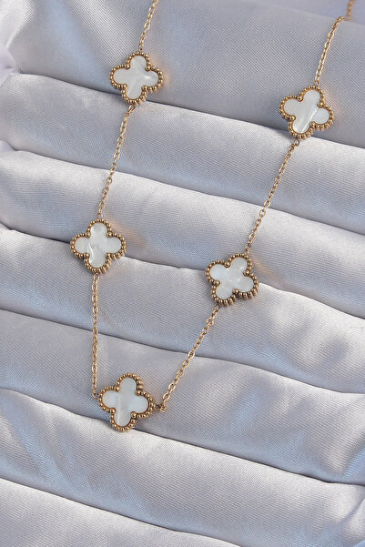 GENELOEM 316L Steel Gold Color White Pearlescent Clover Pendant 5886 - Stepco...