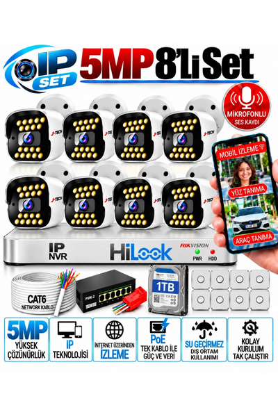 J-TECH 8 li Akıllı IP Kamera Seti 1TB Renkli Gece Yüz Araç Hareket Algılama S...