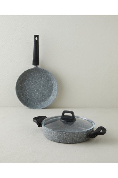 English Home Marbella Premium 3 Parça Tencere-Tava Seti 24-24 cm Gri