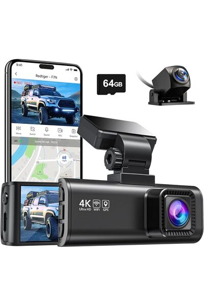 Redtiger كاميرا لوحة القيادة المزدوجة F7N بدقة 4K مع بطاقة 64 جيجابايت، واي ف...