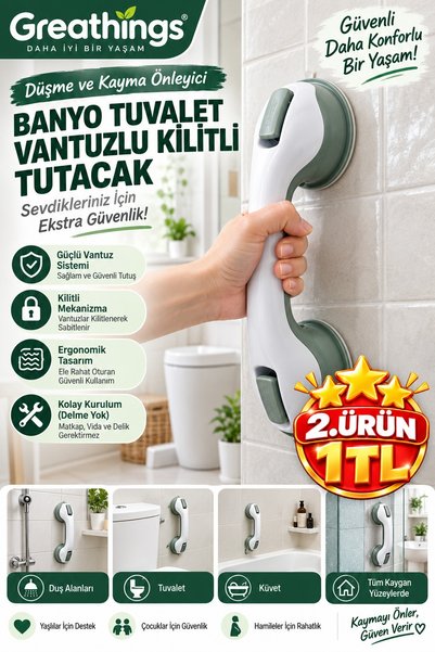 Greathings Vantuzlu Kilitli Banyo Tutacağı Kayma Düşme Önleyici Delmesiz Güve...