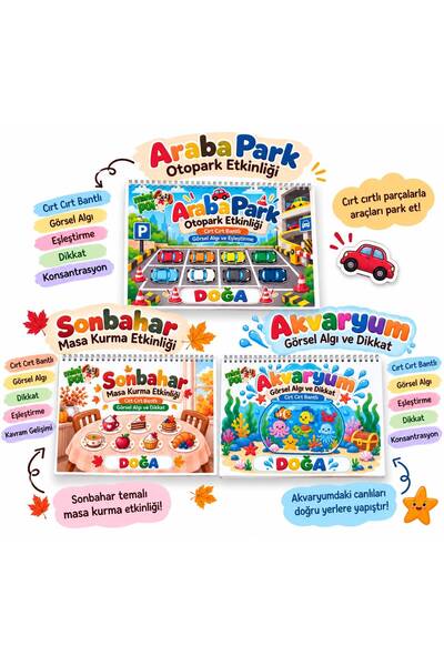 MİNİPOİ 🎨 3’lü Cırt Cırtlı Etkinlik Seti - Araba Otopark - Sonbahar Masa Kur...