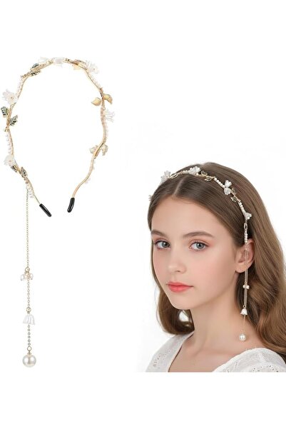 GENERAL Flower Headband for Women, Pearl Vine Gold Leaf Tassel Hair Hoop, Boh...