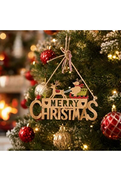 Kmt Style Pandant decorativ din lemn cu litere Merry Christmas și sanie cu re...