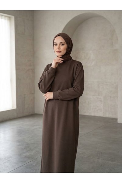 Lunsera Store فستان أويشو بتفاصيل أكمام مزينة - بني