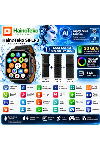 haino teko germany HainoTeko SIFLI-3 AI Yapay Zeka Asistanlı Akıllı Saat AMOLED 20 Gün Pil 3 Değiştirilebilir Kordon