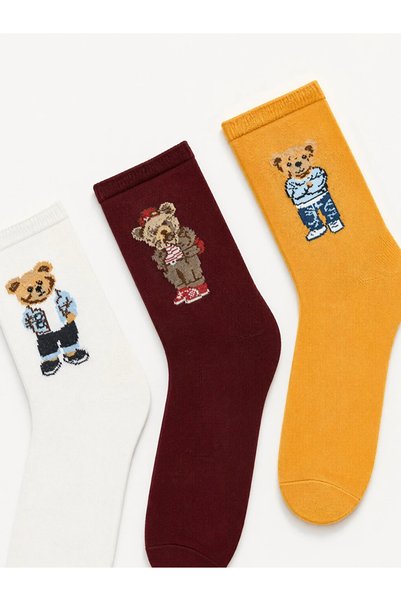 LC Waikiki Lcw Dream Ecru Bear Teddy Printed Women's Socks 5-Pack