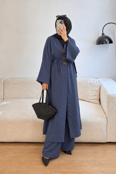 Hepsi Moda Brooch Detailed Trouser Suit - 9167 - Navy Blue