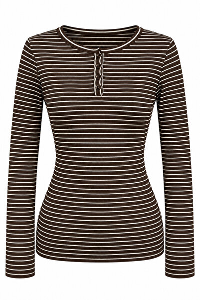 Mixray 2266 Women's Striped Wide Collar Half Placket Buttoned Blouse Brown