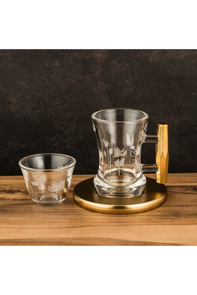 Dania Luxury Saudi Arabic 18Pcs Tea Coffee Set-6 Glass Tea Cups with Gold Handles+6 Gold Steel Serving Plates+6 Saudi Coffee Cups-Elegant Design for Hosting & Entertaining