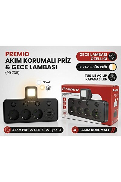Premio PR-738 Duvar Tipi Akım Korumalı 4'lü Priz ve 4 USB Çıkışlı Anahtarlı G...