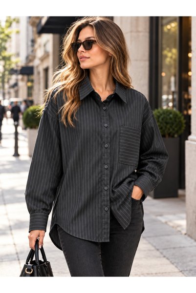 DIGOBRAS Kadın Oversize Dokulu Çizgili Uzun Kollu Gömlek