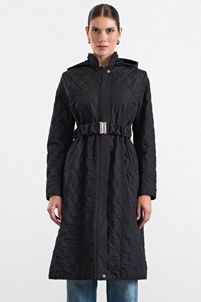 Olcay Hooded Thin Quilted Coat with Plush Detail on the Inside Black 6938