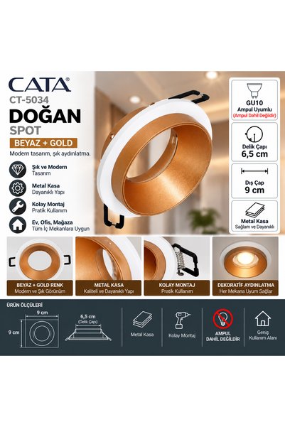 Cata CT-5034 Doğan Spot Beyaz Gold Metal Kasa GU10 Sıva Altı Spot 6,5 cm Deli...