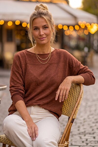 Chiccy Camel Boat Neck Long Sleeve Ribbed Horizontal Decorative Stitching Cas...