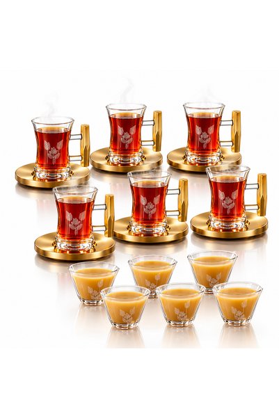Dania Luxury Saudi Arabic 18Pcs Tea Coffee Set-6 Glass Tea Cups with Gold Handles+6 Gold Steel Serving Plates+6 Saudi Coffee Cups-Elegant Design for Hosting & Entertaining