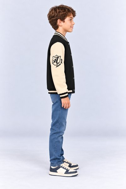 AHENGİM Boy's College Jacket with Emblem Detail and Contrast Sleeves Bomber Jacket Ak26681