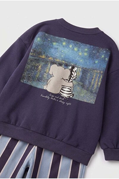 Magu Children's Cotton and Milo Navy Blue Sweatshirt and Striped Sweatpants Set