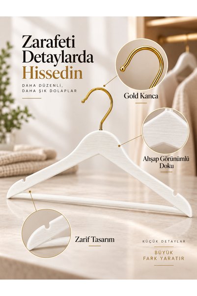 Hausgarten 12 Adet - Beyaz Gold Kancalı Ahşap Görünümlü Plastik Askı Kıyafet Elbise Gömlek Askısı