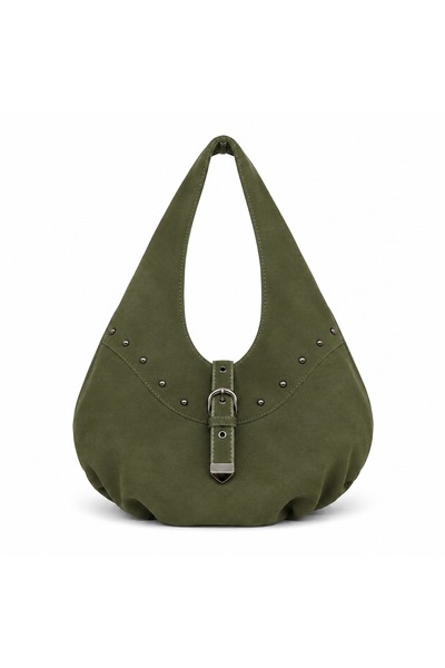 AVIVA Studded Buckle Half Moon Shaped Suede Women's Shoulder Bag