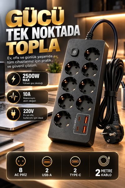 Merwish 8’li Akım Korumalı Çoklu Priz 2500W 10A – 2 USB-A 2 Type-C, 2 Metre K...