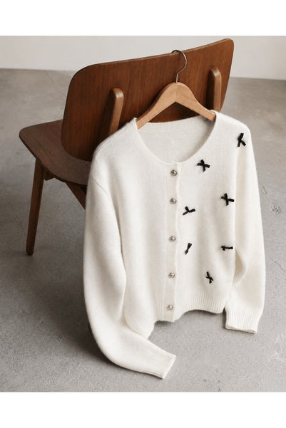 Hepsi Moda Crew Neck Ribbon Detailed Knitwear Cardigan - Ecru