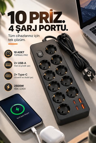 Merwish 10’lu Akım Korumalı Topraklı Priz 2500W 10A – 2 USB-A 2 Type-C, Açma ...
