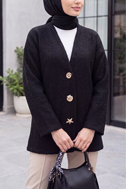 Modamorfo Figured Buttoned V-Neck Bearded Cardigan - Black
