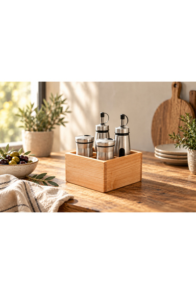 OEM Olivieră 4 în 1 din Inox și Lemn – Ulei, Oțet, Sare și Piper – Personaliz...