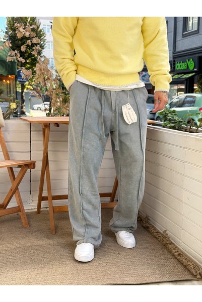 manch collection Yıkamalı Ön Çima Detaylı Baggy Eşofman Gri 5142