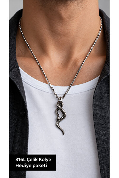 HER ŞEY NOTA www.herseynota.com 316L Steel Curved Snake Figured Men's Necklac...