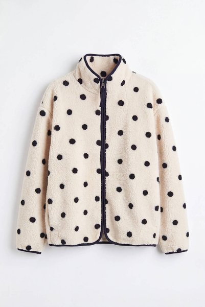 Sue Store Ekru Lacivert Puantiyeli Fermuarlı Oversize Peluş Sweatshirt