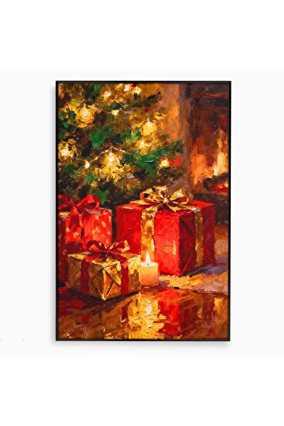 Luxcanva Tablou Canvas Cadouri De Craciun 70x100 cm cu Rama Negru Lumini Ajun...