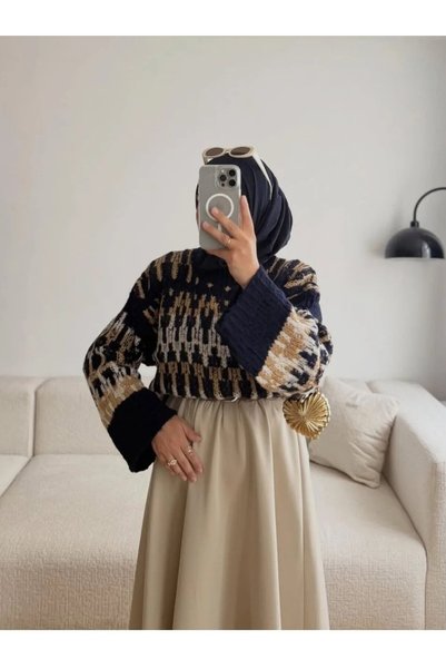Trend Paris Women's Ethnic Patterned, Crew Neck, Loose Knit Sweater - Standar...