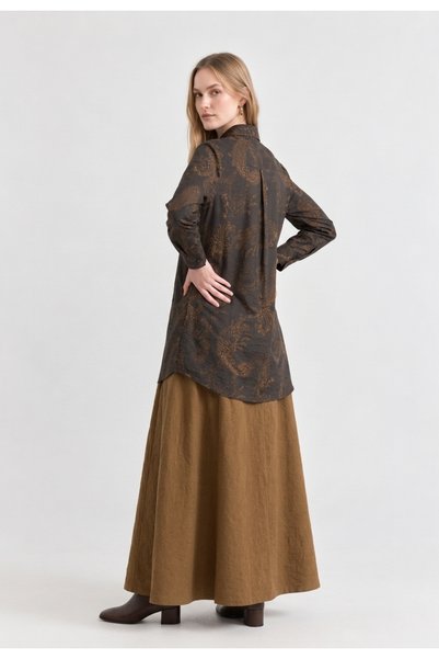 Meşe Moda Kadın Kahverengi Şal Desenli Pamuklu Uzun Tunik Gömlek