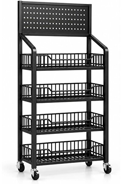 Generic 4-Tier Rolling Storage Rack with Pegboard, 15 Hooks & Swivel Wheels