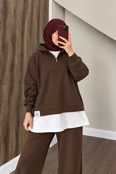 onlymoon Women's Hijab 2 Threaded Half-Zip Hooded Tracksuit Set |   Double Sports Set |   Daily Islamic Clothing |   Hoodie and Sweatpants |   Comfortable and Suitable for Daily Use Women's Suit Model Stylish