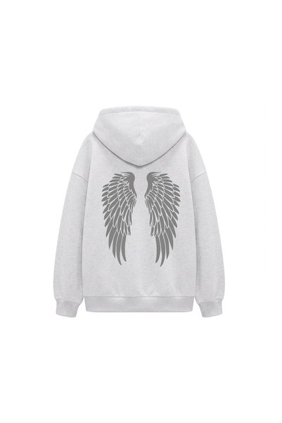 WHITE OF CREATIVE Kadın Sırt Melek Kanatları Baskılı Oversize 3 İplik Kapüşon...