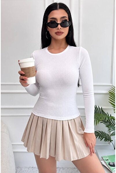 Chicup Aura بلوزة نسائية بيضاء محبوكة برقبة دائرية