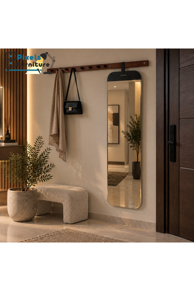 PixelsFurniture رف خشب معلق على الحائط مع مرآة وعلاقات ملابس من بكسل الأثاث 1...
