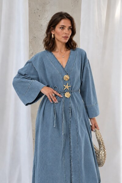 ÇEÇİM V-Neck Accessory, Tie-Waist, Long Denim Kimono-Cap Hijab