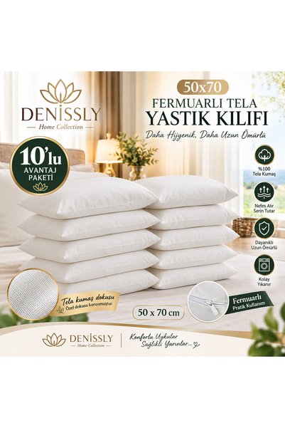Denissly 50x70 Yastık Kılıfı Fermuarlı Tela Yastık Kılıfı 10’lu