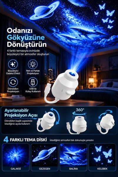 TECHNOMEN 4 Diskli Galaksi Projeksiyon Gece Lambası – Gezegen Balina Kelebek Uzay Temalı USB Oda Tavan Projektörü