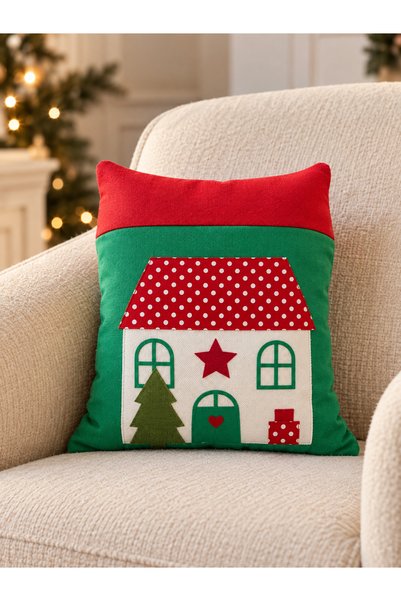 desicap Decorative Filled Pillow with House Figure Appliqué – 21 × 27 cm – Inner Filling Included